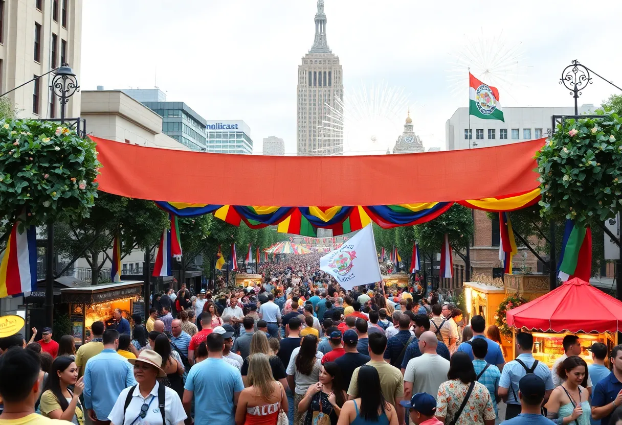 A celebratory scene from Orlando's 150th anniversary events with crowds and a colorful banner.