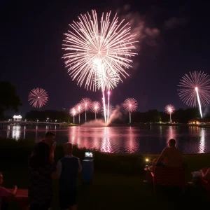 Fireworks lighting up the night sky over Lake Eola Park during Orlando's 4th of July celebration.