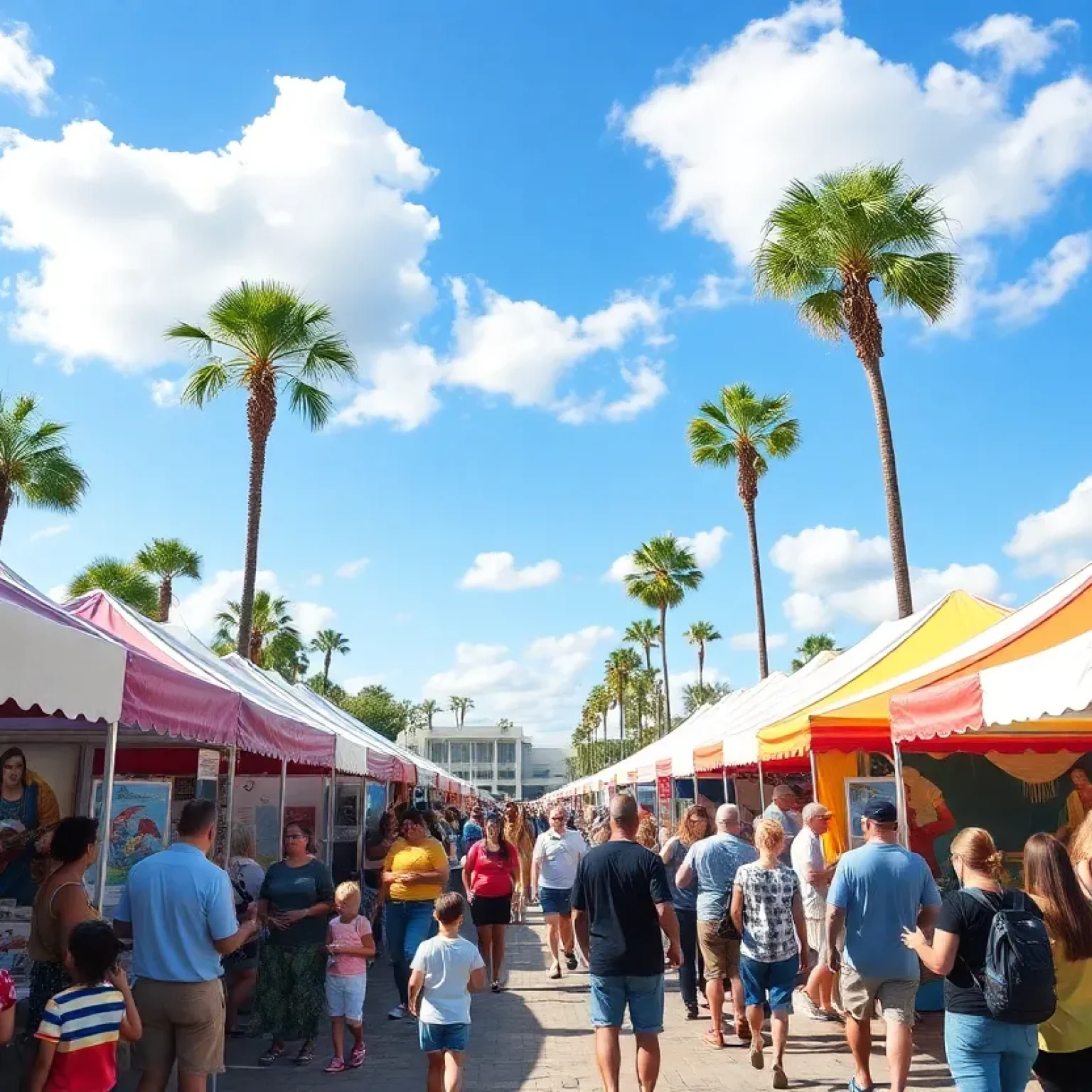 Colorful art festival in Orlando showcasing various artworks and lively crowds.