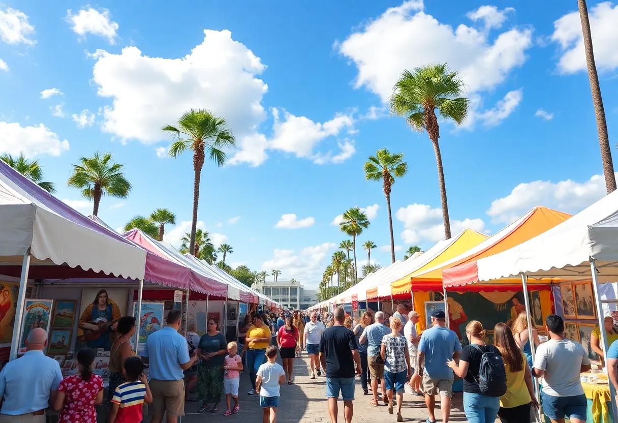 Colorful art festival in Orlando showcasing various artworks and lively crowds.