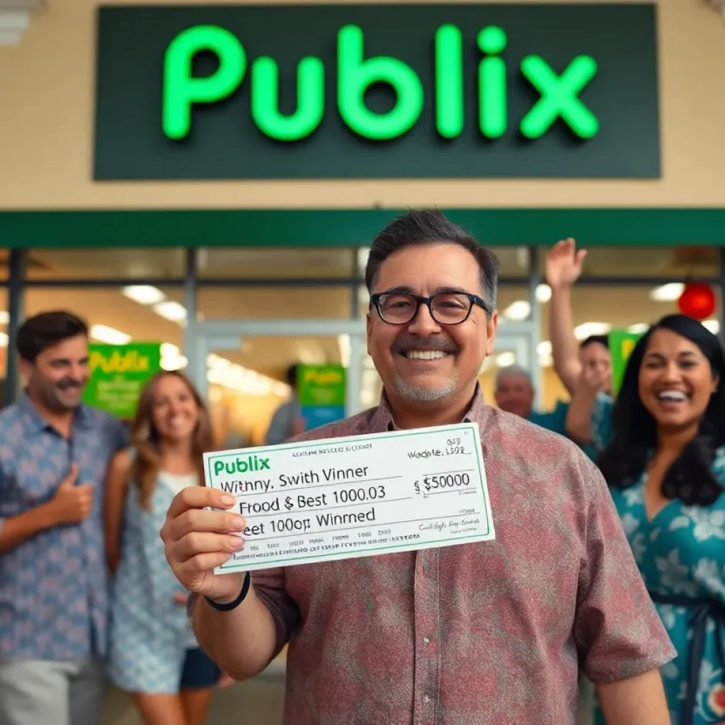 Lottery winner holding a ticket in front of Publix supermarket in Orlando.