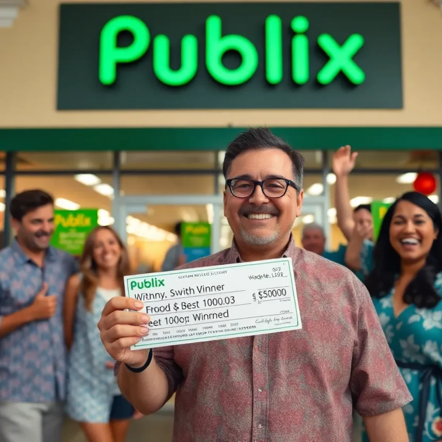 Lottery winner holding a ticket in front of Publix supermarket in Orlando.