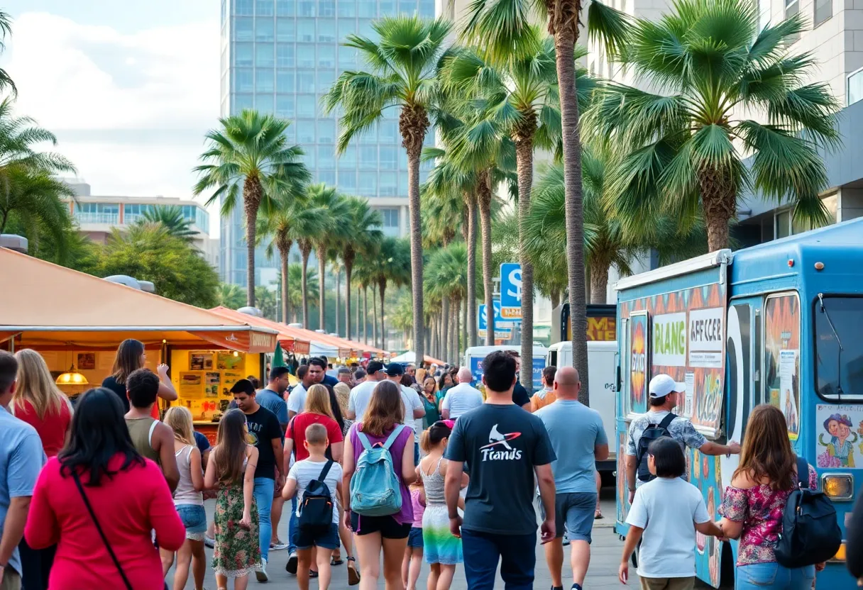 Active community events in Orlando, including food trucks and art displays