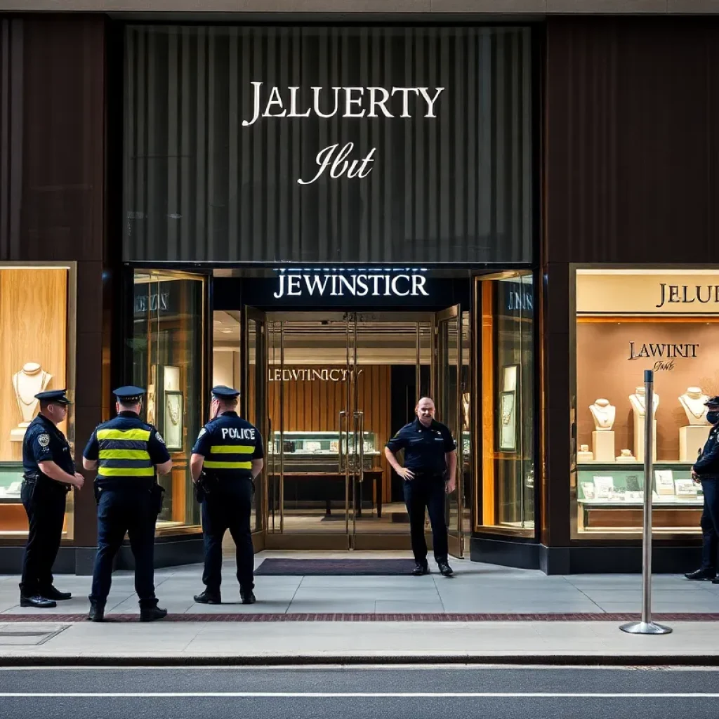 Scene of law enforcement at Tiffany & Co. after a bold diamond heist.