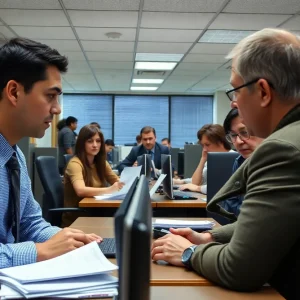 Depiction of federal employees in Orlando discussing layoffs