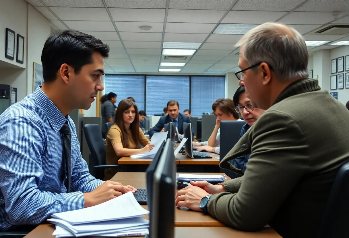 Depiction of federal employees in Orlando discussing layoffs