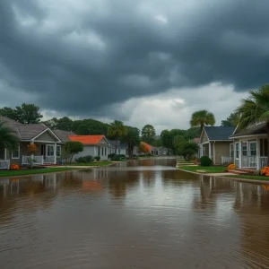 Flooded neighborhood in Orlando with bungalows