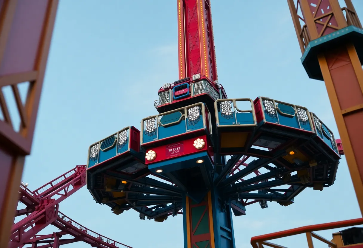 Orlando Free Fall ride showcasing safety features and its height.