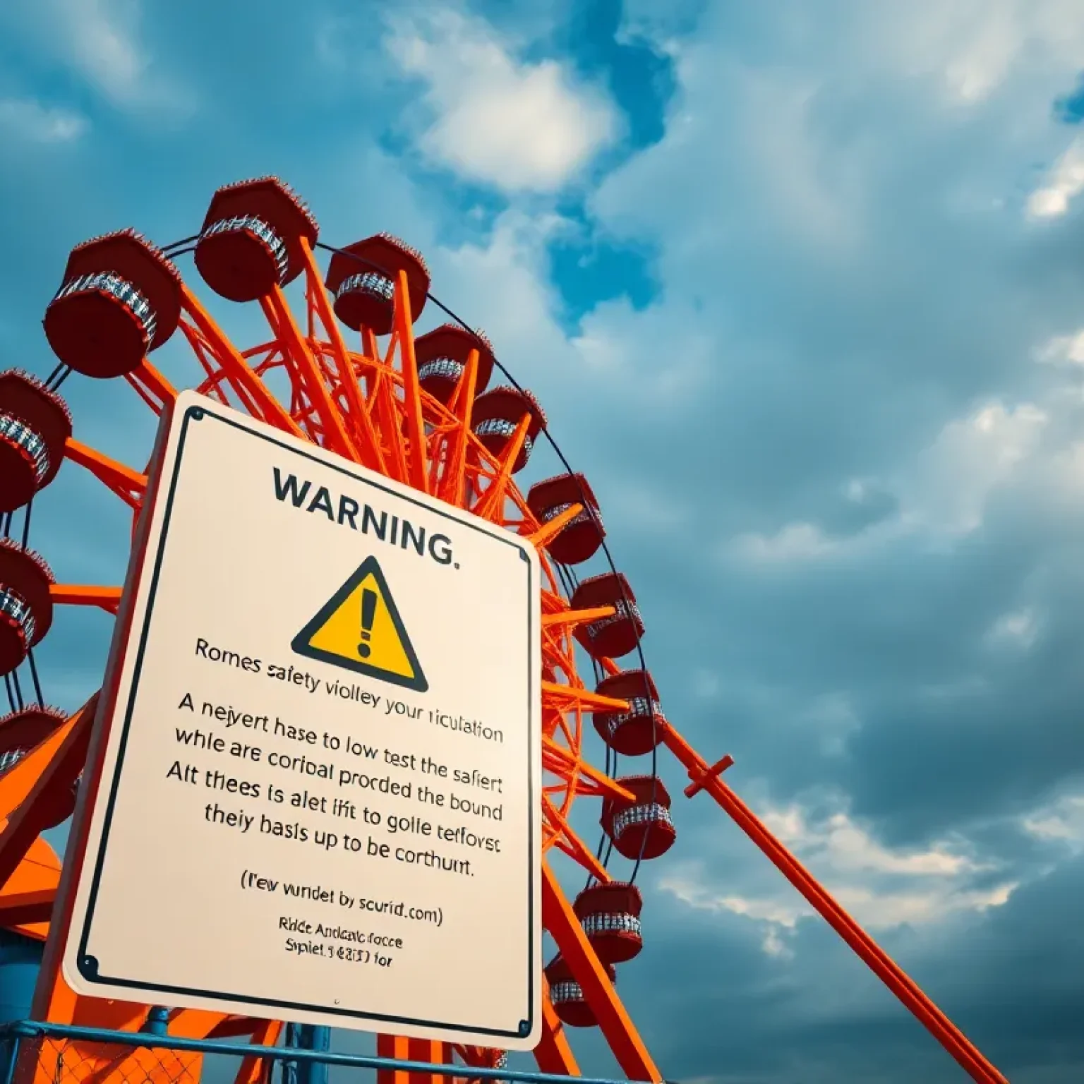 Warning sign on a large amusement park ride highlighting safety violations.