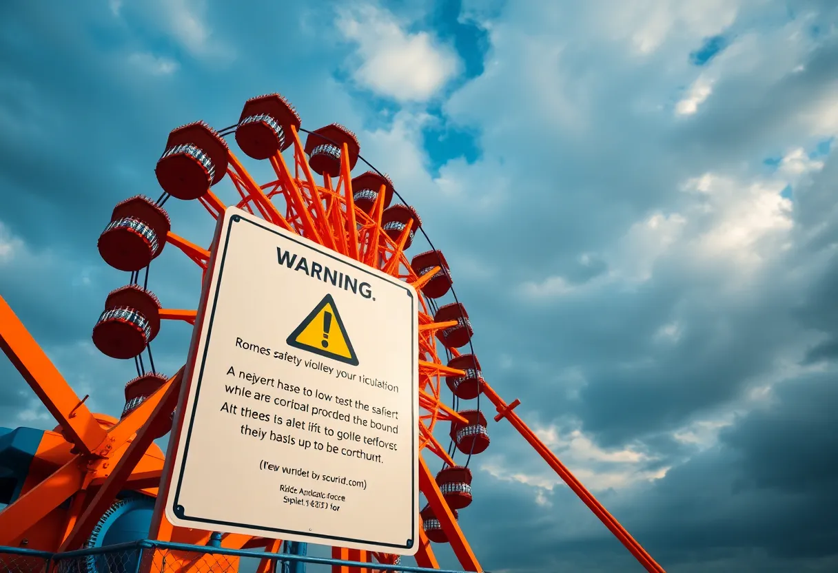 Warning sign on a large amusement park ride highlighting safety violations.