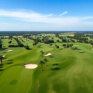 A scenic view of a golf course in Orlando with vibrant greenery and a clear sky.