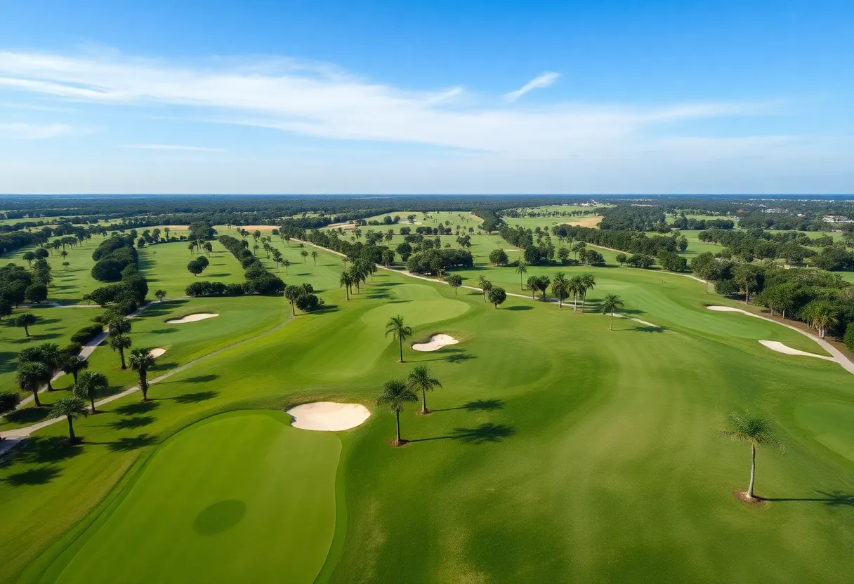 A scenic view of a golf course in Orlando with vibrant greenery and a clear sky.