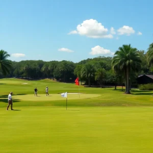 A beautiful golf course in Orlando featuring green fairways and palm trees.