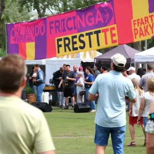 Vibrant scene from the Orlando International Fringe Theatre Festival with performers and festival goers.