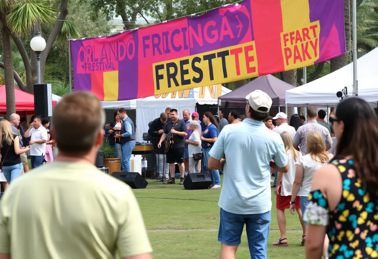 Vibrant scene from the Orlando International Fringe Theatre Festival with performers and festival goers.