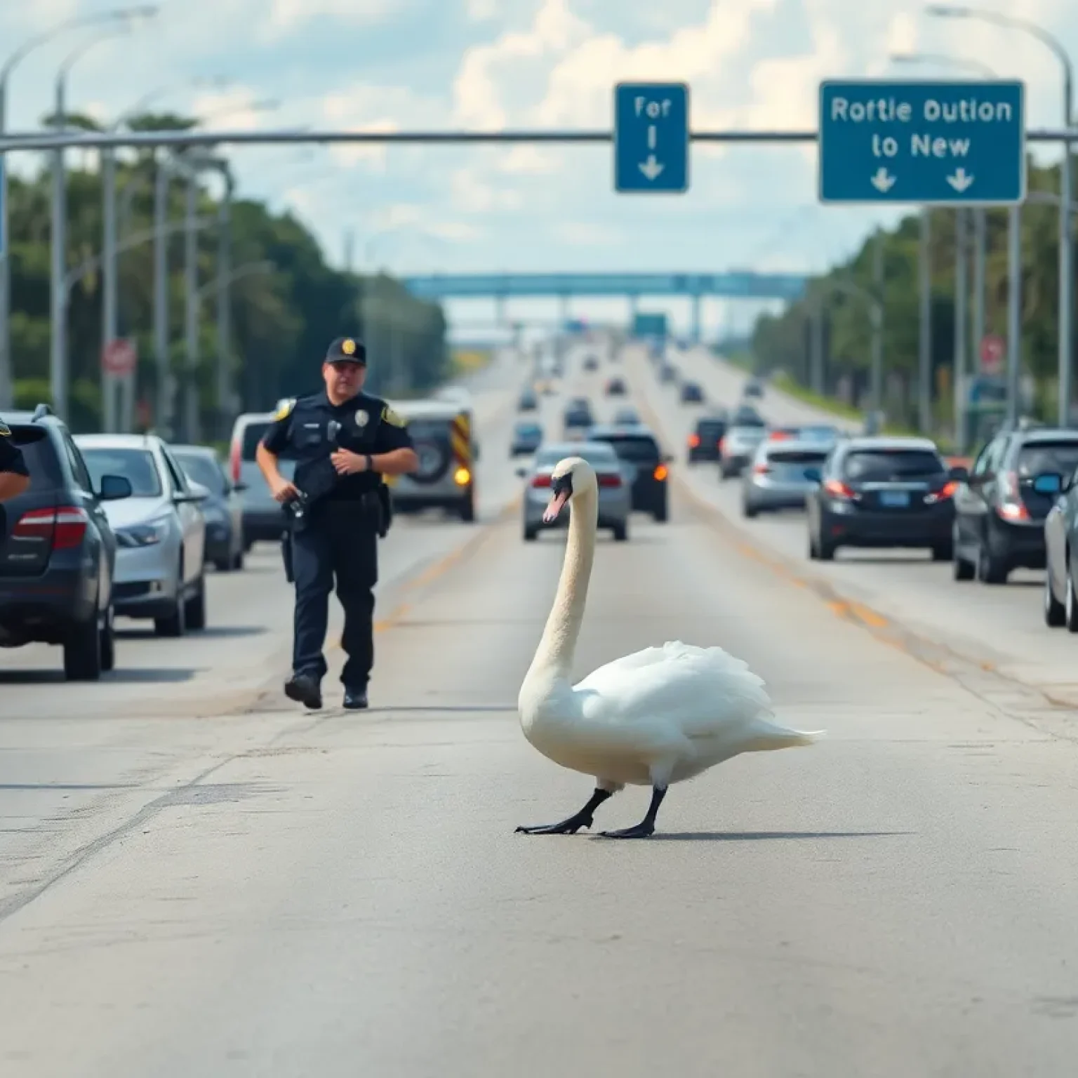 Police officers rescuing a swan from the highway in Orlando.