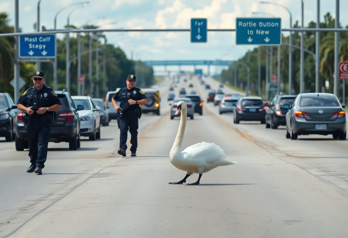 Police officers rescuing a swan from the highway in Orlando.