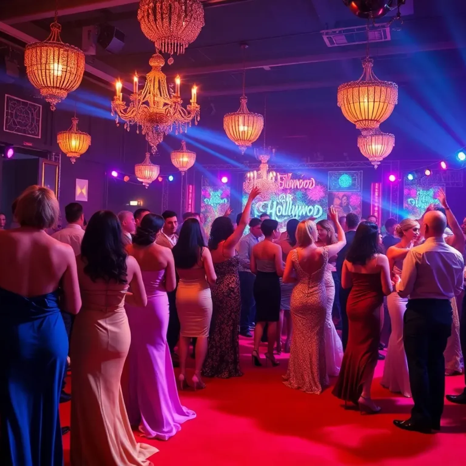 A glamorous Old Hollywood themed Pride Prom event in Orlando with vibrant decorations and attendees dancing.