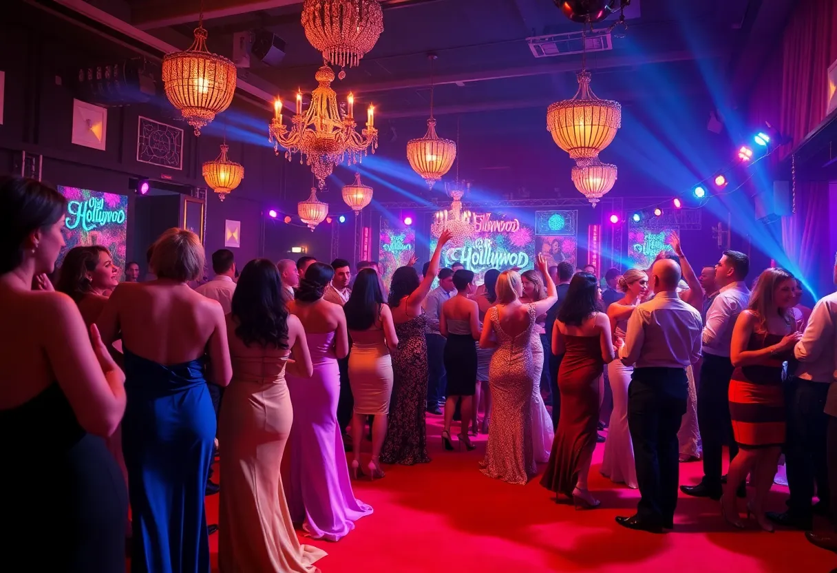 A glamorous Old Hollywood themed Pride Prom event in Orlando with vibrant decorations and attendees dancing.