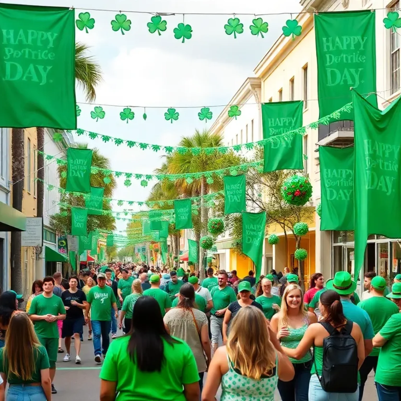 A vibrant St. Patrick's Day celebration in Orlando with people in green attire.