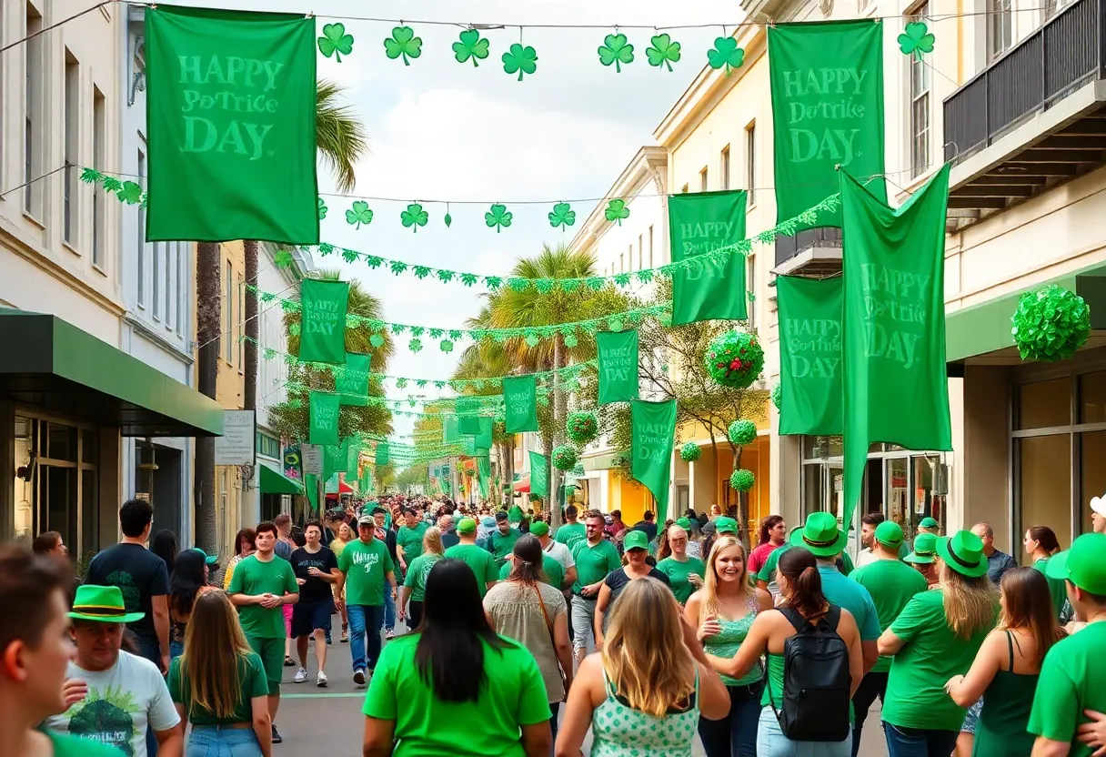 A vibrant St. Patrick's Day celebration in Orlando with people in green attire.