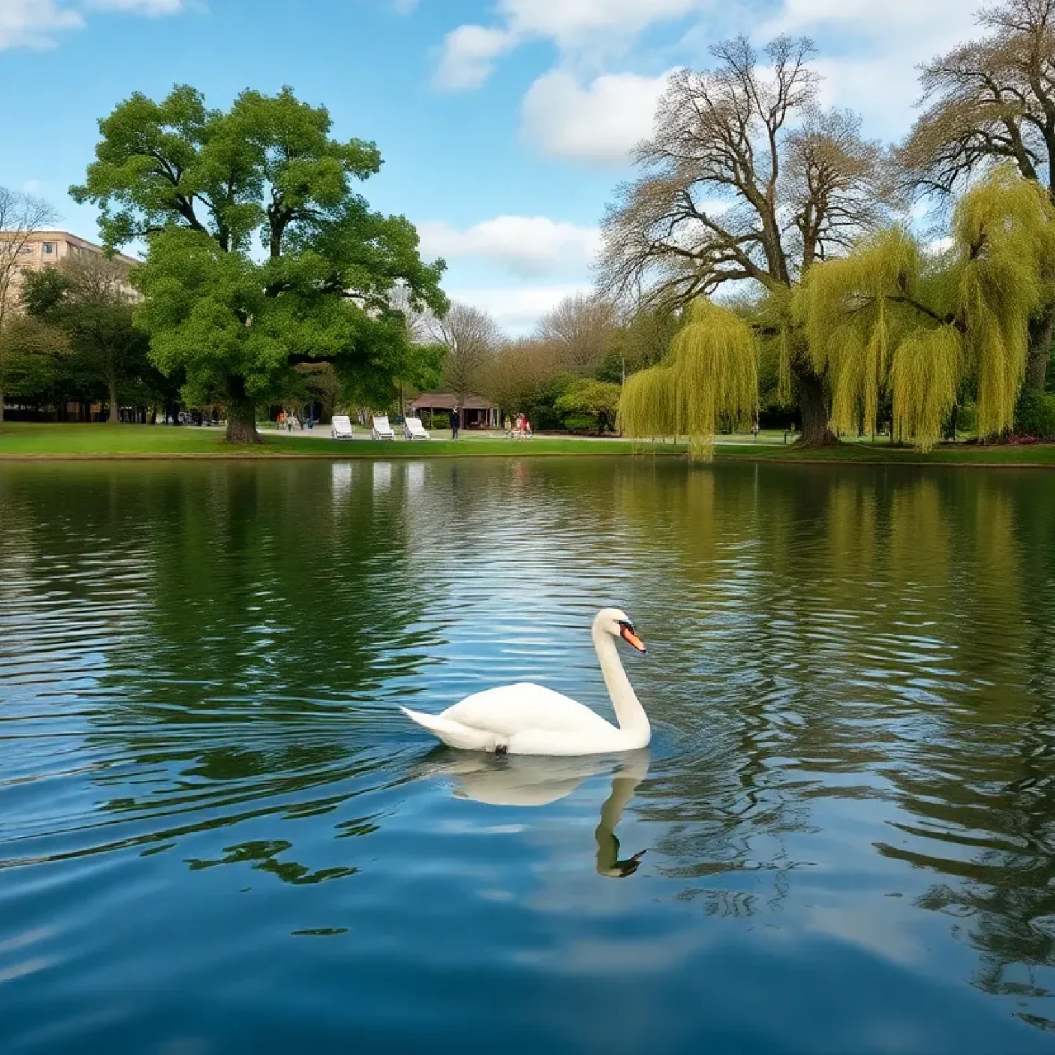 A swan gliding on a lake in Orlando, surrounded by lush greenery.