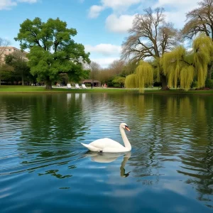 A swan gliding on a lake in Orlando, surrounded by lush greenery.