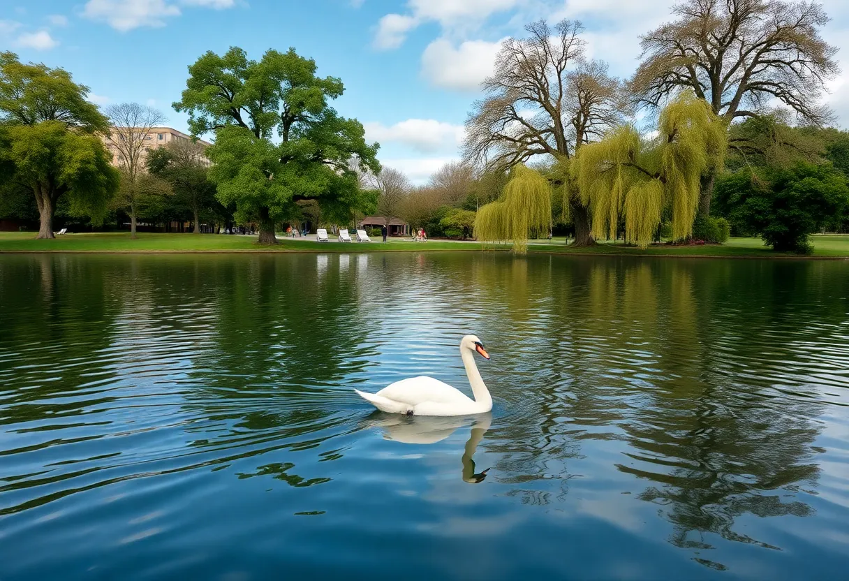 A swan gliding on a lake in Orlando, surrounded by lush greenery.