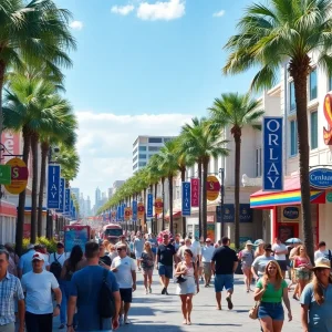 A lively view of Orlando filled with tourists and popular attractions.