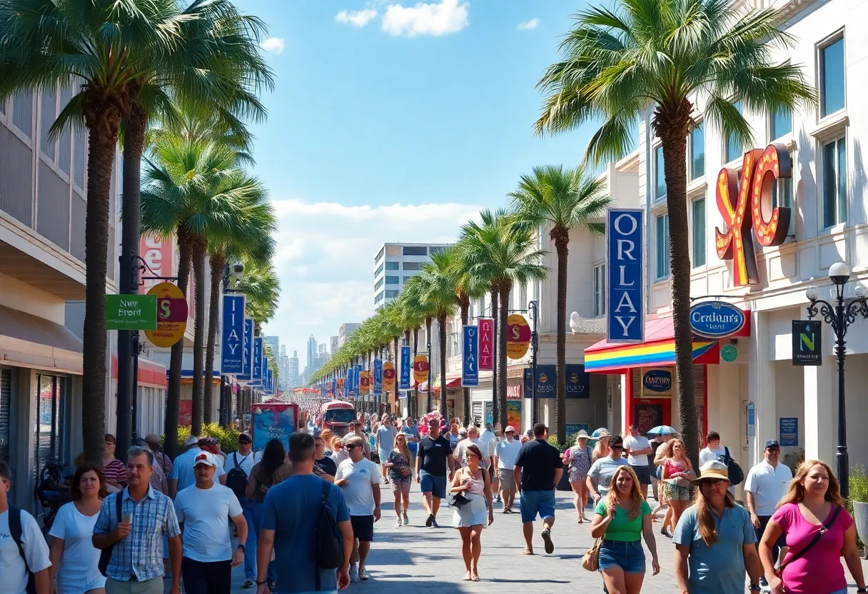 A lively view of Orlando filled with tourists and popular attractions.