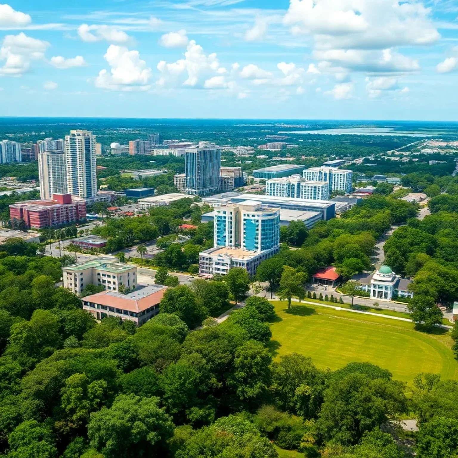 Urban landscape of Orlando with parks and buildings