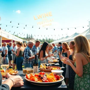 Crowd enjoying the Orlando Wine Festival with various food and wine stations in an elegant outdoor setting.