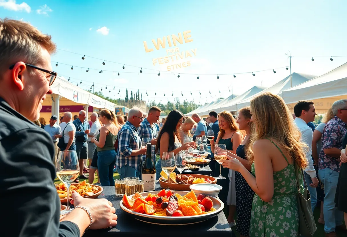 Crowd enjoying the Orlando Wine Festival with various food and wine stations in an elegant outdoor setting.