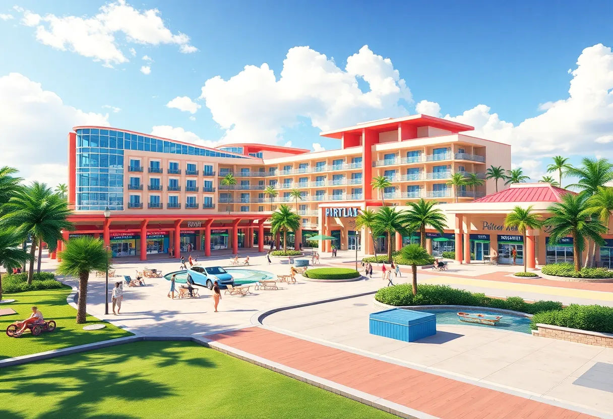 Conceptual illustration of the Ovation redevelopment project in Kissimmee, featuring a modern hotel, retail, and entertainment spaces.