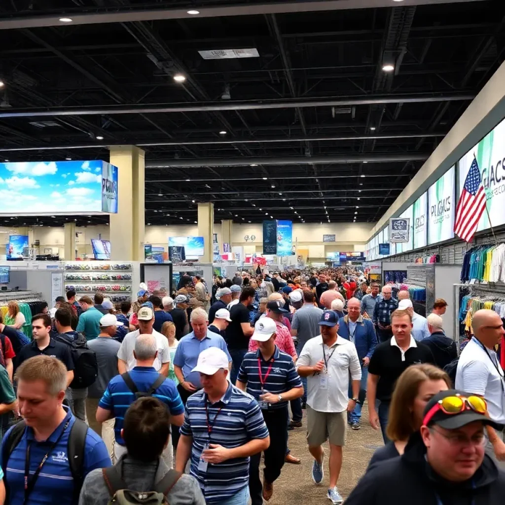 Scene from the 2025 PGA Merchandise Show with exhibitors and visitors engaged in golf product showcases.