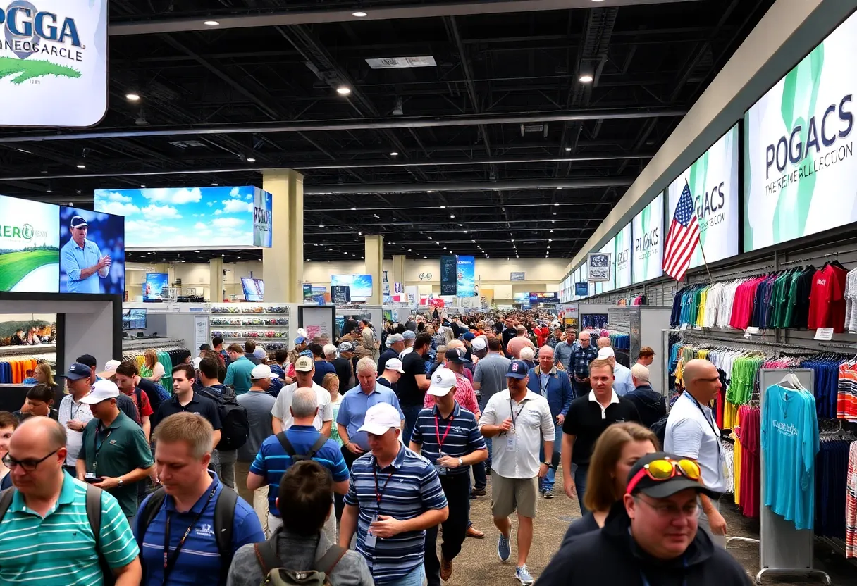 Scene from the 2025 PGA Merchandise Show with exhibitors and visitors engaged in golf product showcases.