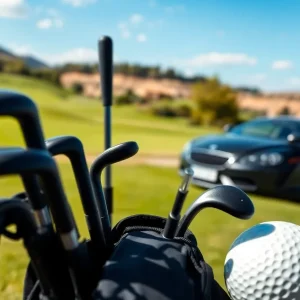 Golf clubs set beside a luxurious vehicle on a golf course