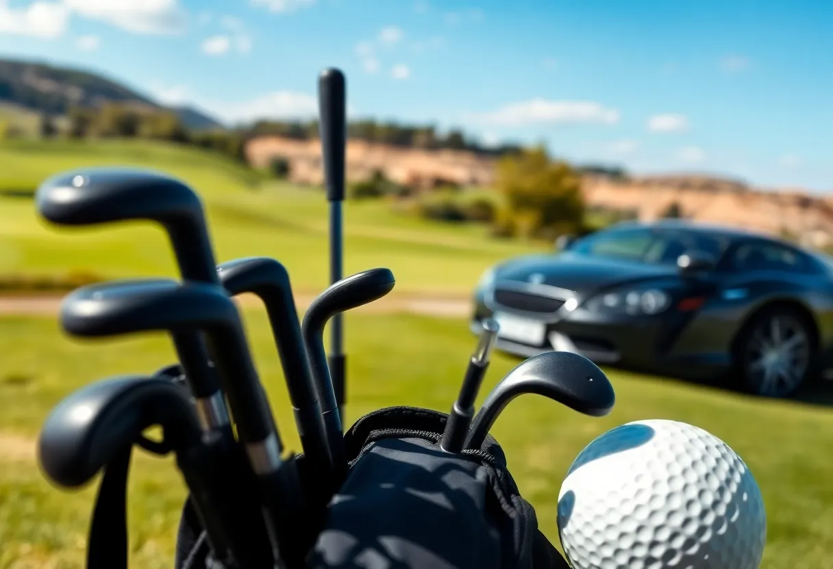 Golf clubs set beside a luxurious vehicle on a golf course