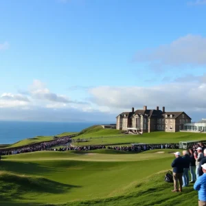 A panoramic view of Royal Troon Golf Club showcasing the links course and surrounding scenery.