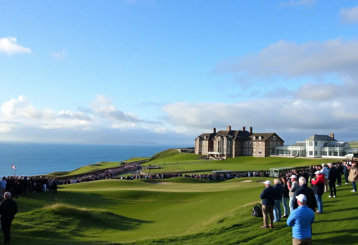 A panoramic view of Royal Troon Golf Club showcasing the links course and surrounding scenery.