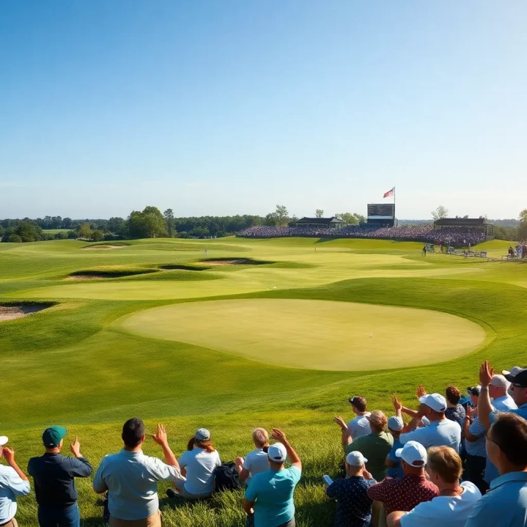 Golf course scene during the Arnold Palmer Invitational with fans cheering.