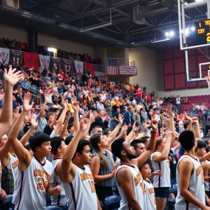 Fans cheering in a packed basketball arena during a championship game