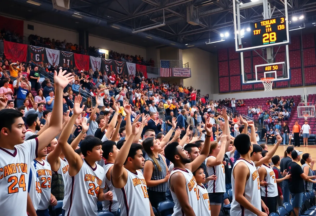 Fans cheering in a packed basketball arena during a championship game