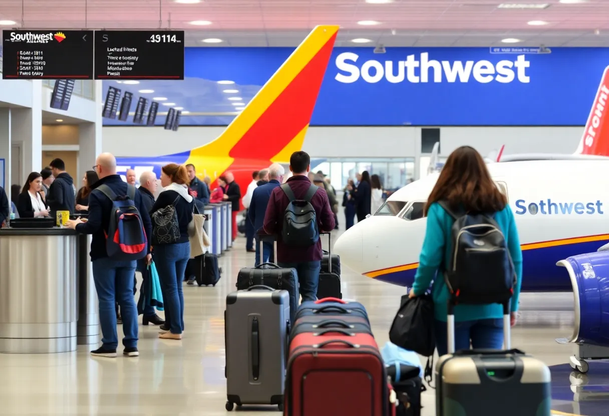 Passengers checking in for Southwest Airlines flights at an airport