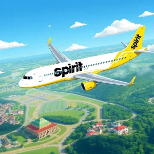 Spirit Airlines aircraft in the sky over Southern cities