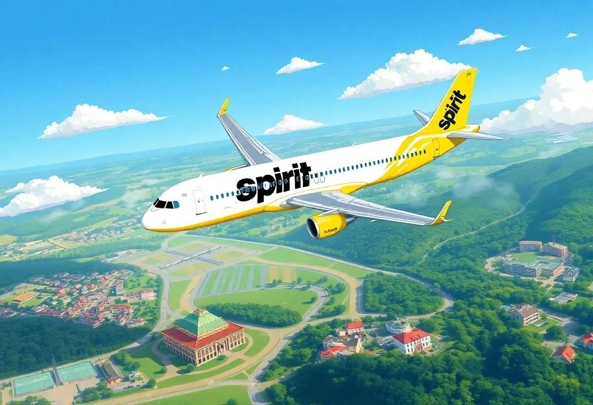 Spirit Airlines aircraft in the sky over Southern cities