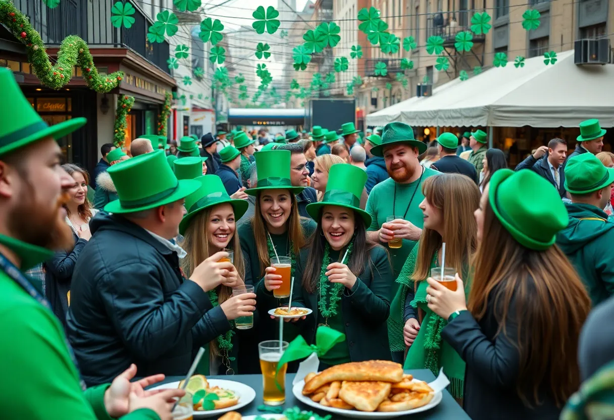 Crowd celebrating St. Patrick's Day in Orlando, Florida wearing green outfits