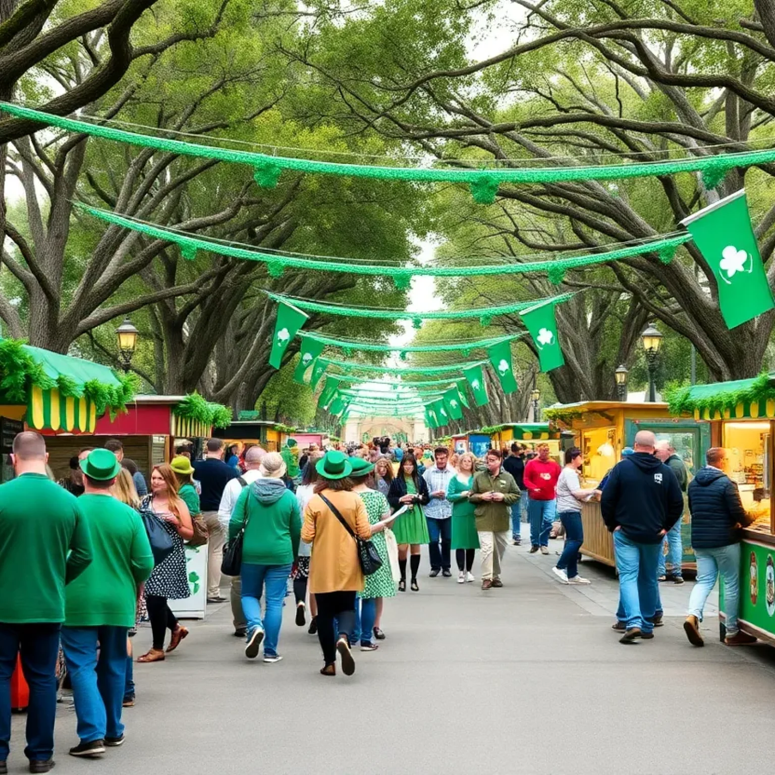 Crowd celebrating St. Patrick's Day in Orlando with green decorations