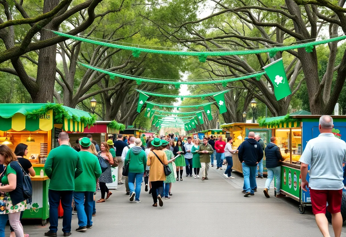 Crowd celebrating St. Patrick's Day in Orlando with green decorations