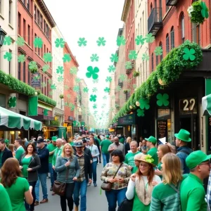 Festive St. Patrick's Day scene in Orlando with people enjoying music and food.